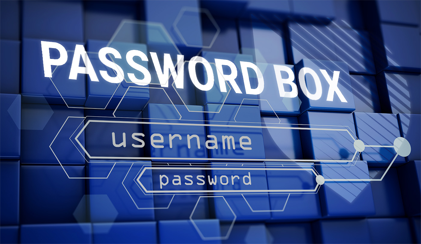 Password Box – password manager gestito per la gestione delle credenziali aziendali Password Box con campi username e password su sfondo tecnologico blu, password manager gestito di Dottor Marc