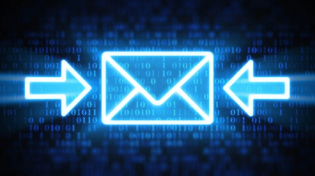 Icona luminosa di un'email con frecce e sfondo di codice binario, a simboleggiare il flusso di dati digitali.